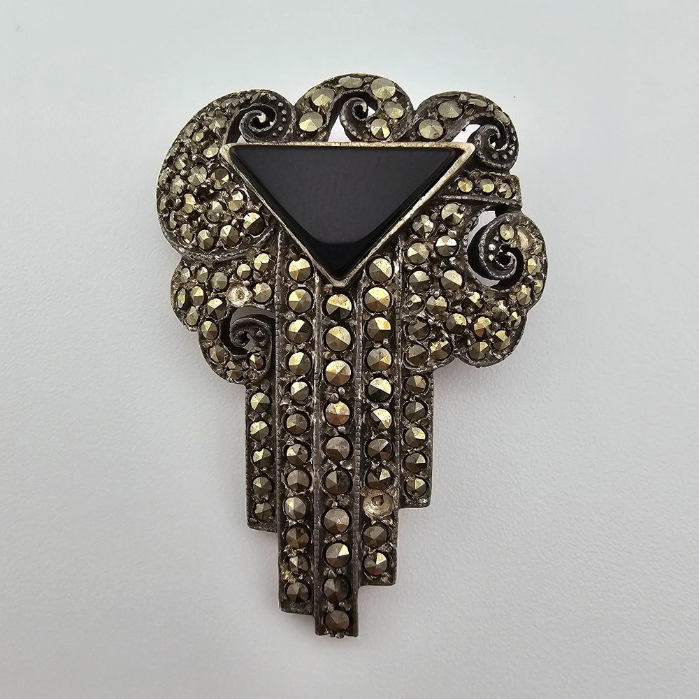 ART DECO 925 MARCASITE BLACK ONYX  SILVER BROOCH PIN